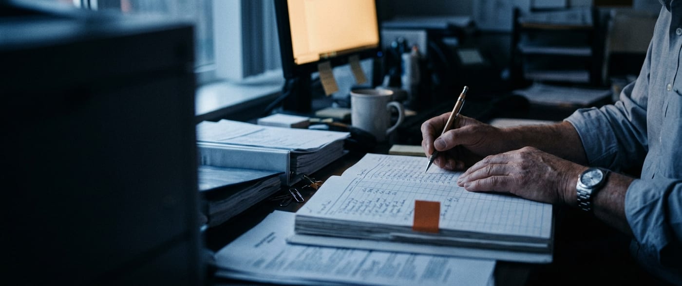 A finance director's hands working through payroll ledgers