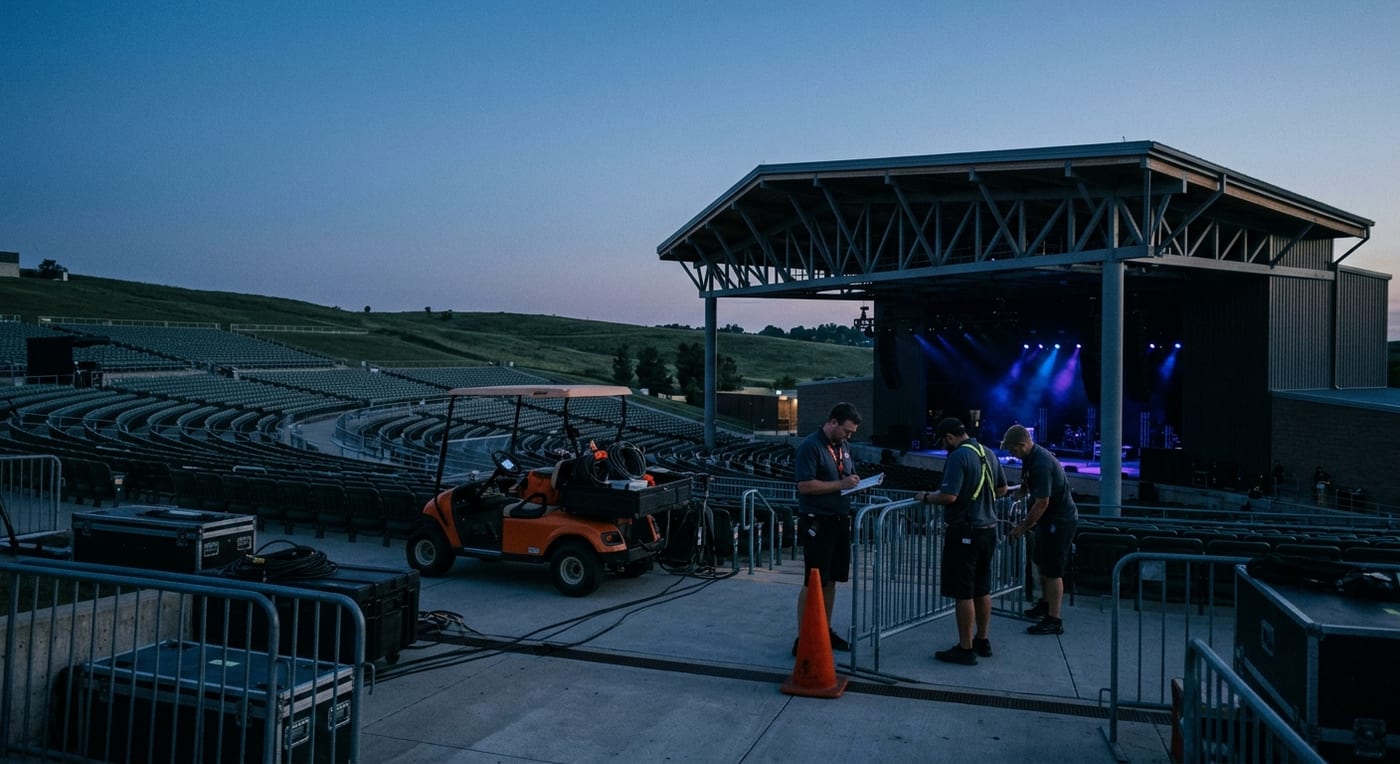 An outdoor amphitheatre at dusk during pre-show setup